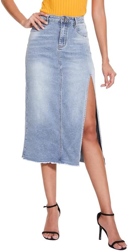 VIPONES Women's High Waist Denim Skirt Casual Raw Hem Frayed Midi Jean Skirts | Amazon (US)