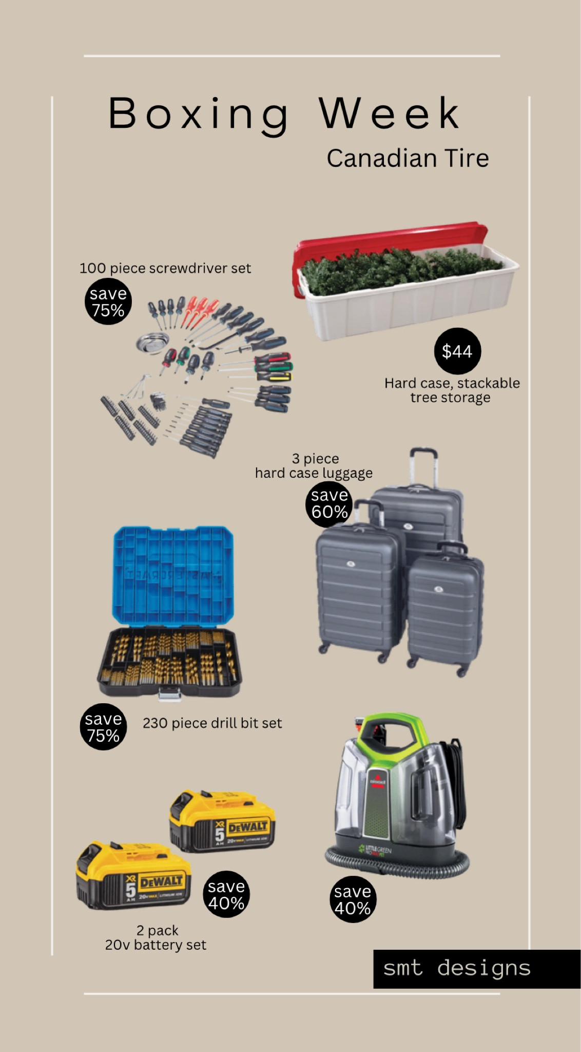 Boxing week sales at Canadian tire on tools and home storage. Drill bit sale, screwdriver set sale, diy supplies, luggage sale, tree storage sale, bissell sale, dewalt battery set sale  

#LTKtravel #LTKsalealert #LTKhome