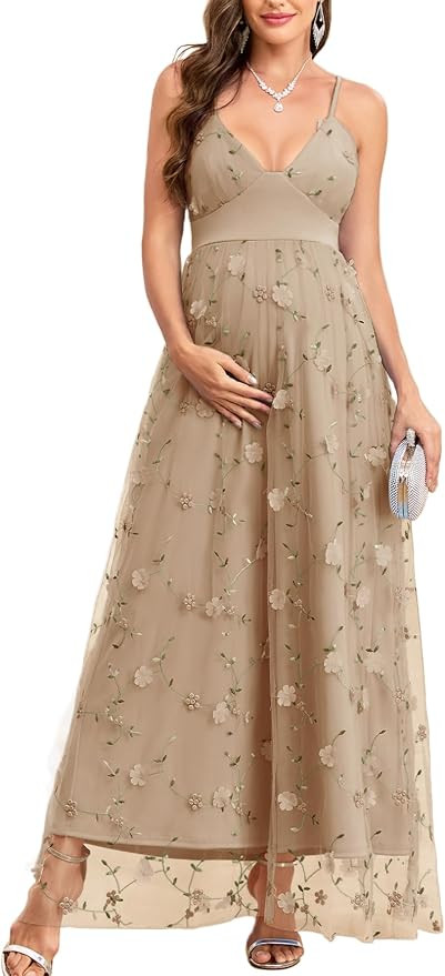 AISWI 3D Floral Maternity Maxi Dress V-Neck Tulle Spaghetti Strap A-Line Pregnancy Gown for Baby ... | Amazon (US)