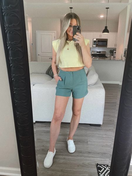 cute easy day fit. styled these shorts a little more casual but definitely can be dressed up! wearing size 2 

#LTKTravel #LTKFindsUnder50 #LTKStyleTip