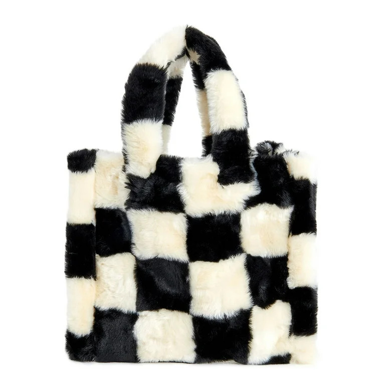 No Boundaries Women's Square Sherpa Tote Bag Black White Checker - Large | Walmart (US)
