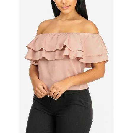 Womens Juniors Ladies MADE IN USA Sexy Party Off Shoulder Ruffle Detail Short Sleeve Solid Mauve ... | Walmart (US)