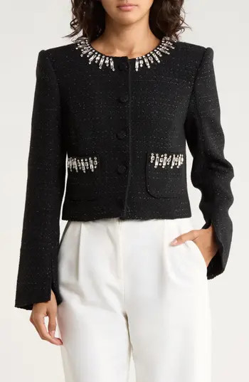 Cinq à Sept Randi Rhinestone Trim Bouclé Jacket in Black at Nordstrom Rack, Size 0 | Nordstrom Rack