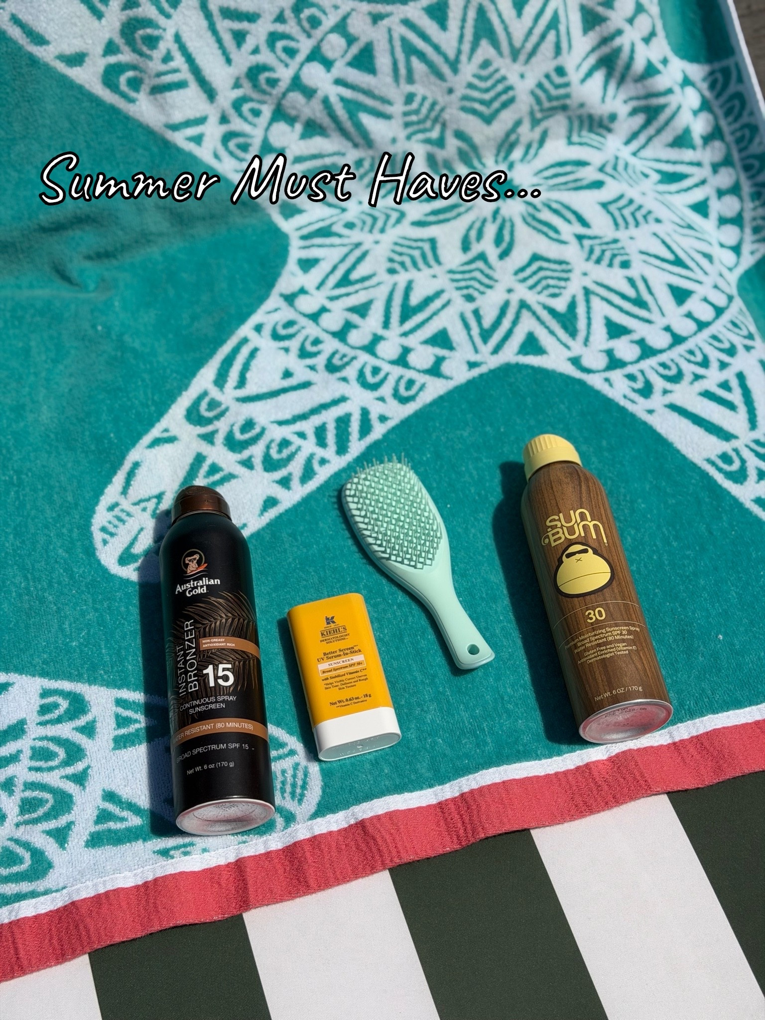 My pool bag summer essentials ☀️💛

The products I reach for every single beach and pool day:
✨ Australian Gold Instant Bronzer SPF 15
✨ Kiehl’s Better Screen UV Serum Stick SPF 50+
✨ Sun Bum Original SPF 30 Sunscreen Spray
✨ Mini detangling brush (a must after swimming!)

Sun protection + a little glow = the perfect summer combo. 🌴

#LTKSeasonal #LTKBeauty #SummerEssentials #PoolDay #BeachBag #SunProtection #AustralianGold #SunBum #Kiehls #SummerFavorites

#LTKdayinmylife #LTKselfcare #LTKmomlife
