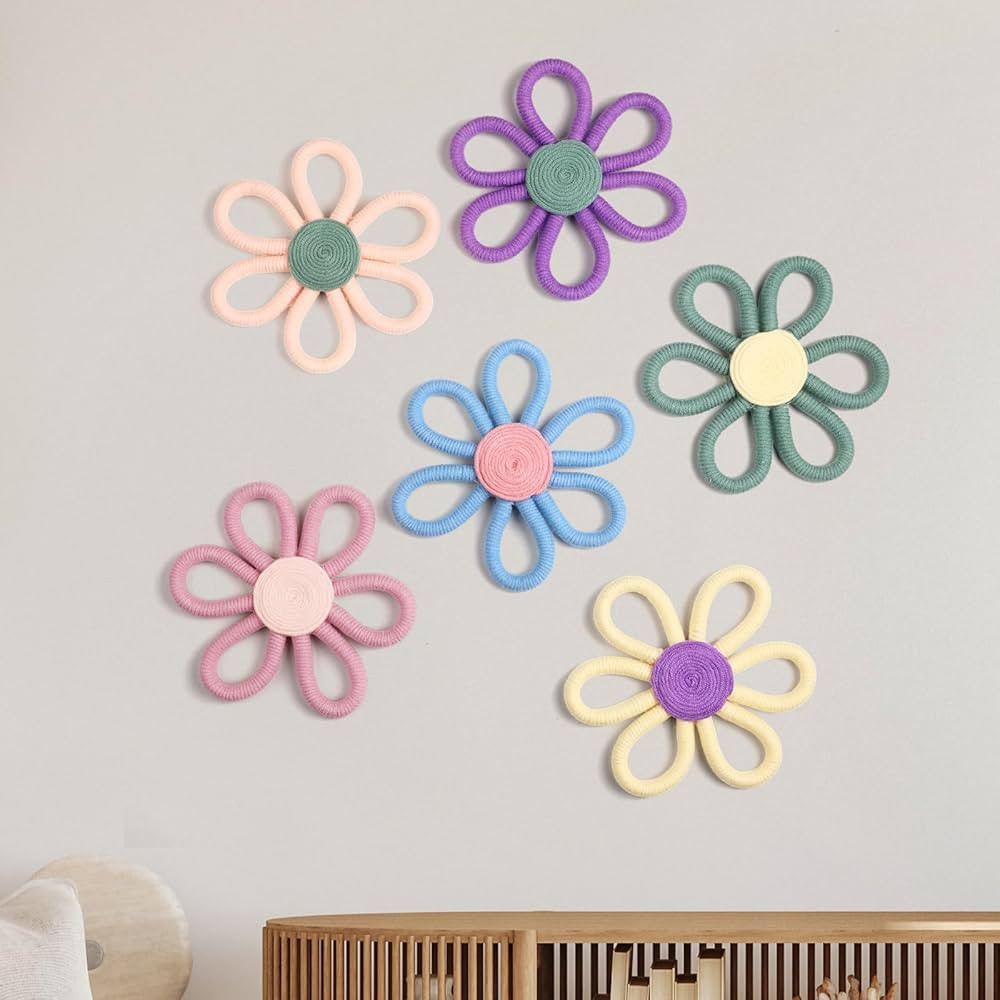 Ripeng 6 Pcs Boho Nursery Decor for Girl 6 inch Woven Daisy Flower Macrame Wall Hanging Bohemian ... | Amazon (US)