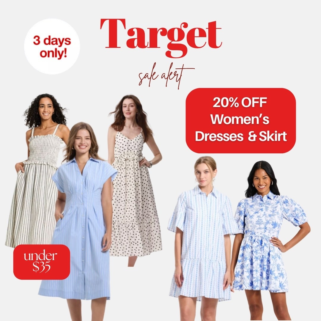 Target sale alert and this one is so good — 20% off all women’s dresses and skirts for 3 days only and everything is already under $30 🤍✨ A striped smocked sundress, a blue shirt dress, a cream polka dot midi dress, a blue striped tiered mini dress, and a blue floral puff sleeve dress — every single summer dress style covered and at these prices you need to shop this now before it ends.

#LTKWorkwear #LTKSeasonal #LTKSaleAlert