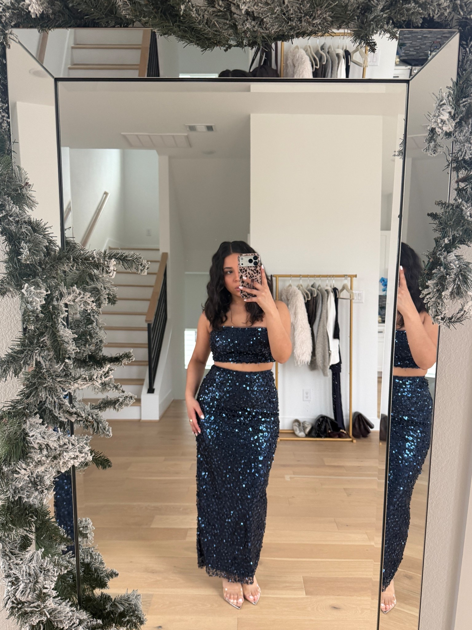 Holiday outfit 
Sequin set: small 
Clear heels: 7 

#LTKootd #LTKHoliday #LTKgrwm