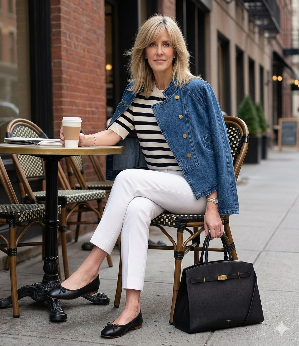 What I wore to work today in NYC.  Casual, everyday pieces for a classic but modern look.  

Pull on white trouser pants, a striped cashmere tee, a denim jacket with great structure and a modern design, my favorite brand of ballet flats, and a structured tote. 

 #LTKxMadewell #LTKootd #LTKWorkwear