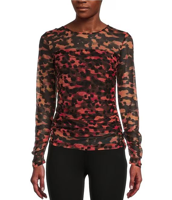 Animal Print Mesh Long Illusion Sleeve Knit Top | Dillard's