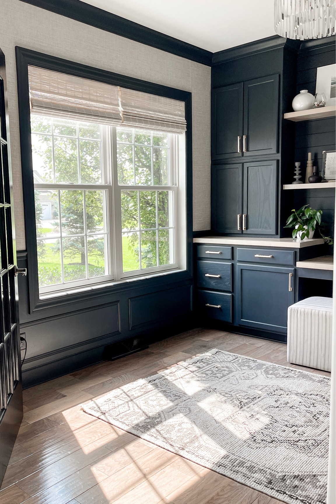 Home office inspiration
Home office built in storage, built in desk, area rug, bamboo window shade, dark blue office, target finds, Target rug 
Pain color: Valspar Chimney Smoke 

#LTKhome #LTKstyletip #LTKFind