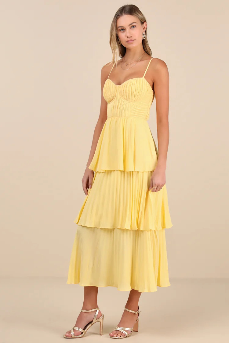 Cascading Crush Yellow Tiered Bustier Midi Dress | Lulus