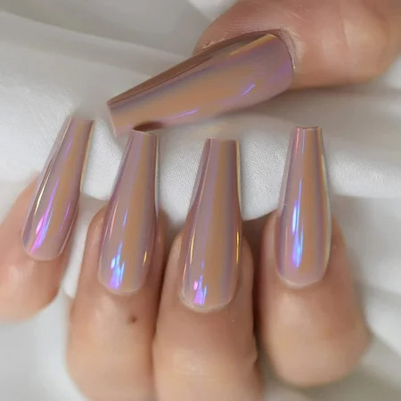 Khaki Chrome Metallic Fake Nails Press On Extra Long Mirror False Nails Tapered Ballerina Coffin Des | Walmart (US)