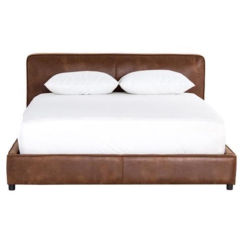 Linus Rustic Lodge Brown Upholstered Faux Leather Platform Bed - Queen | Kathy Kuo Home