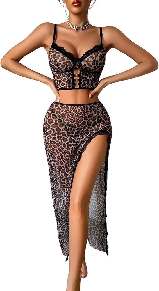 Avidlove Lingerie for Women 3 Pieces Set - Lace Long Nightgown with Side Split, Sexy Chemise for ... | Amazon (US)