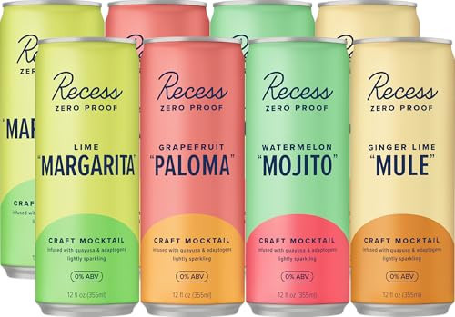 Recess Zero Proof Craft Mocktails, Alcohol Free Drinks, With Adaptogens, Non-Alcoholic Beverage Replacement, Mixer, Celebration, Party, (Sampler, 12oz, Pack of 12) | Amazon (US)