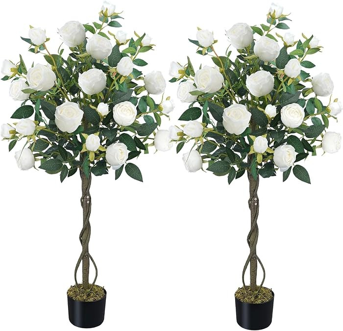 HUAESIN 2 Pack Artificial Rose Tree 4FT Fake Camellia Tree with White Flowers Fake Rose Bush Faux... | Amazon (US)