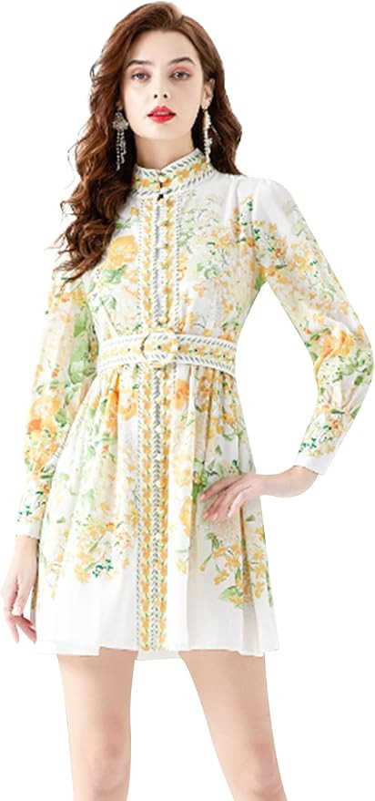 LAI MENG FIVE CATS Women's Button up Floral Print Long Sleeve Casual A-line Mini Shirt Dress with... | Amazon (US)