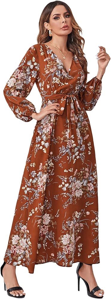 Floerns Women's Summer Wrap V Neck Long Sleeve Belted Floral Print Maxi Dress | Amazon (US)