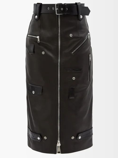 Alexander Mcqueen - Belted Leather Midi Skirt - Womens - Black | Matches (US)