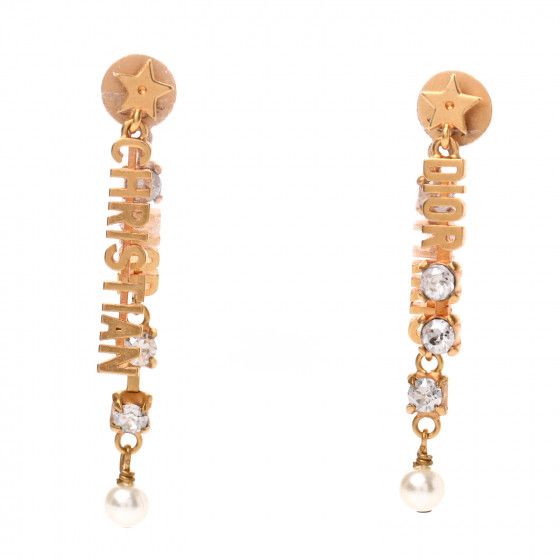 CHRISTIAN DIOR Crystal Pearl Logo Dangle Earrings Gold | FASHIONPHILE | Fashionphile
