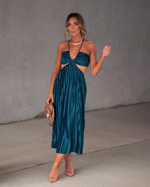 Hollywood Dreams Pleated Tie Back Midi Dress - Dark Teal | VICI Collection