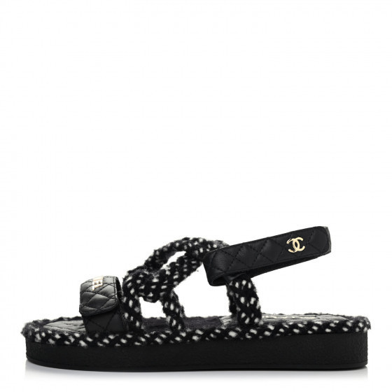 CHANEL Cord Lambskin Quilted Logo Sandals 39 Black White | Fashionphile