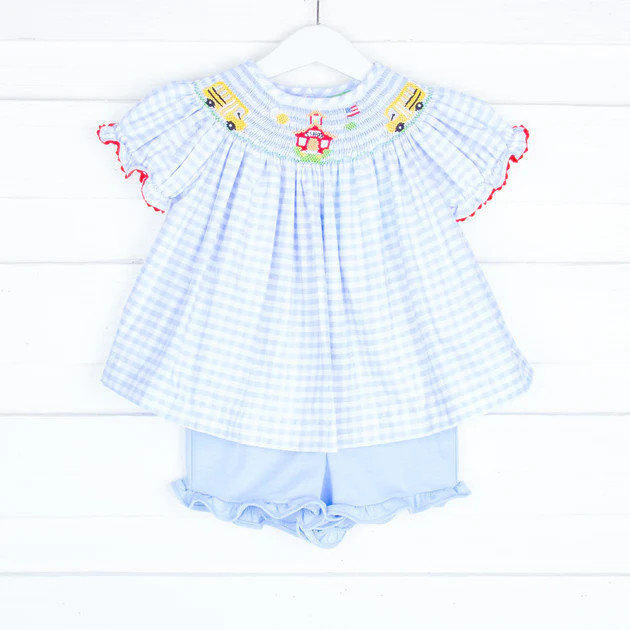 Back to School Bus Blue Girl Short Set | Classic Whimsy