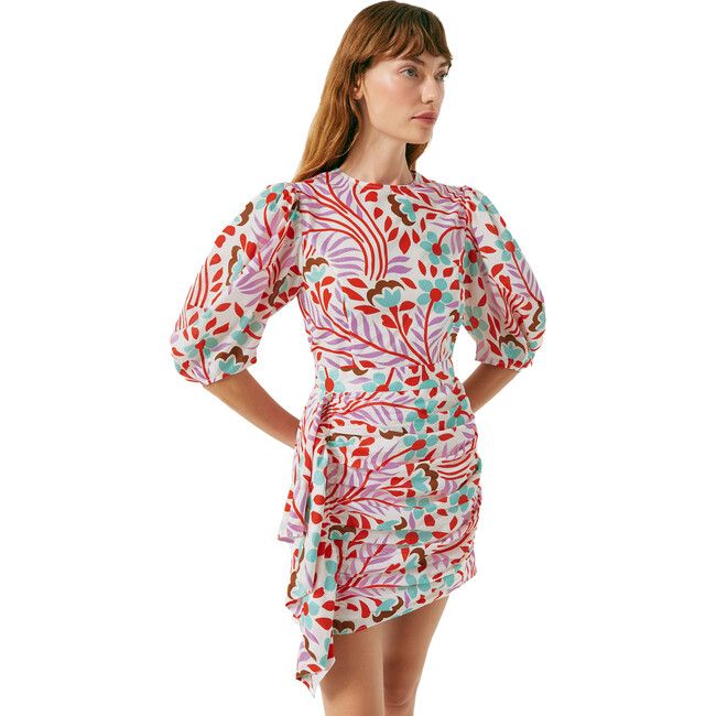 Women's Pia Print Billow Sleeve Ruched Bottom Mini Dress, Lago Vine | Maisonette