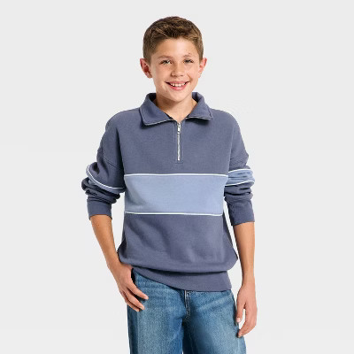 Boys' Fleece Rugby Striped Quarter Zip Sweatshirt - art class™ Blue L | Target