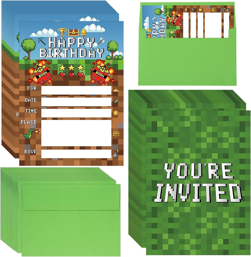 25 Pieces Pixel Video Birthday Party Supplies Game Themed Party Invitations Invite Card with Gree... | Amazon (US)