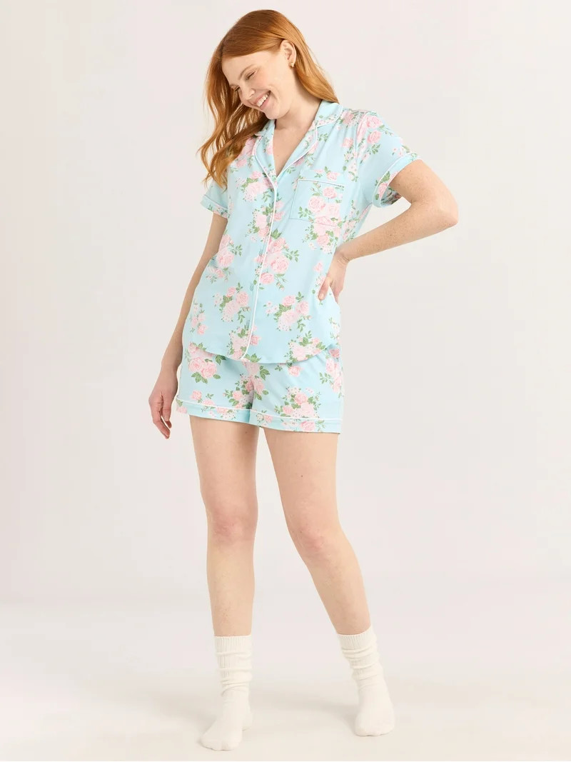 Joyspun Women's Dreamy Soft Collection Notch Collar Top and Shorts Pajama Set, 2-Piece, Sizes XS-... | Walmart (US)