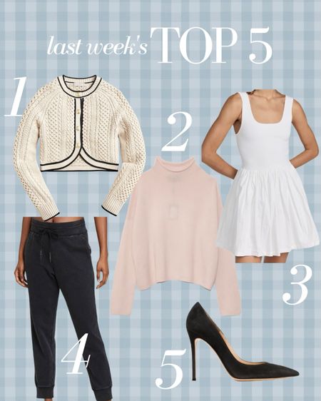 Last week’s Top 5 best sellers! The J. Crew cardigan that y’all just can’t quit, a cashmere sweater (almost sold out but linking similar and in white!), a cute tennis dress for spring, the best Target sweatpants and classic suede pumps

#LTKunder50 #LTKstyletip #LTKshoecrush