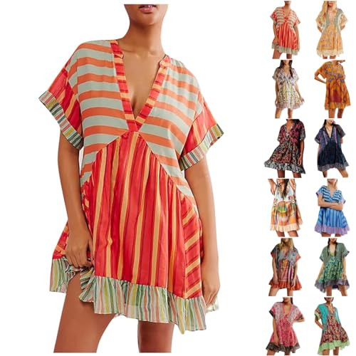 LIKEOULI free people dupes amazon outlet clearance Boho Dresses for Women 2024 Casual Boho Printing V-Neck Short Sleeve Patchwork Dress Y2k Summer Outfits for Women free people dress dupes/lookalikes | Amazon (US)