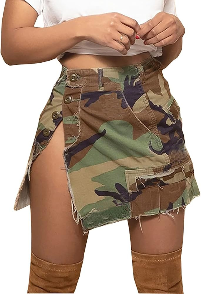 Women's Sexy Mini Skirts Camo Cargo Distressed Ripped Short Length Casual Skirt | Amazon (US)