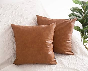 Faux Leather Throw Pillow Covers, 18 x 18 inch Set of 2 Thick Cognac Brown Modern Solid Decorativ... | Amazon (US)