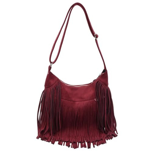 RJDBBD Women Vintage Suede Fringe Hobo Bag Tote Shoulder Bag Crossbody Bag and Hippie Western Cowgirl Purse Shoulder Bag,Burgundy | Amazon (US)
