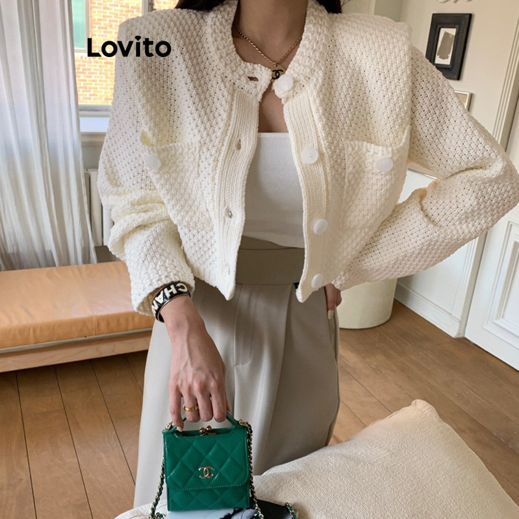 Lovito Cardigan Casual De Bolso Com Botão Liso Para Mulheres LNA29433 (Damasco) | Shopee (BR)
