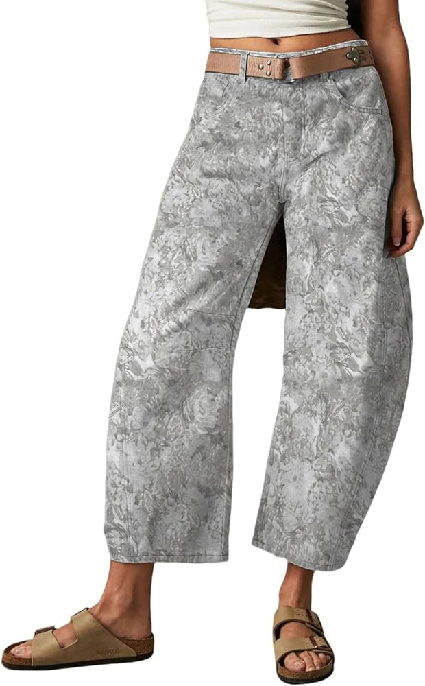 loveimgs Women Baggy Barrel Jeans Mid Rise Printed Denim Pants Wide Leg Jeans Boyfriend Y2k Patch... | Amazon (US)