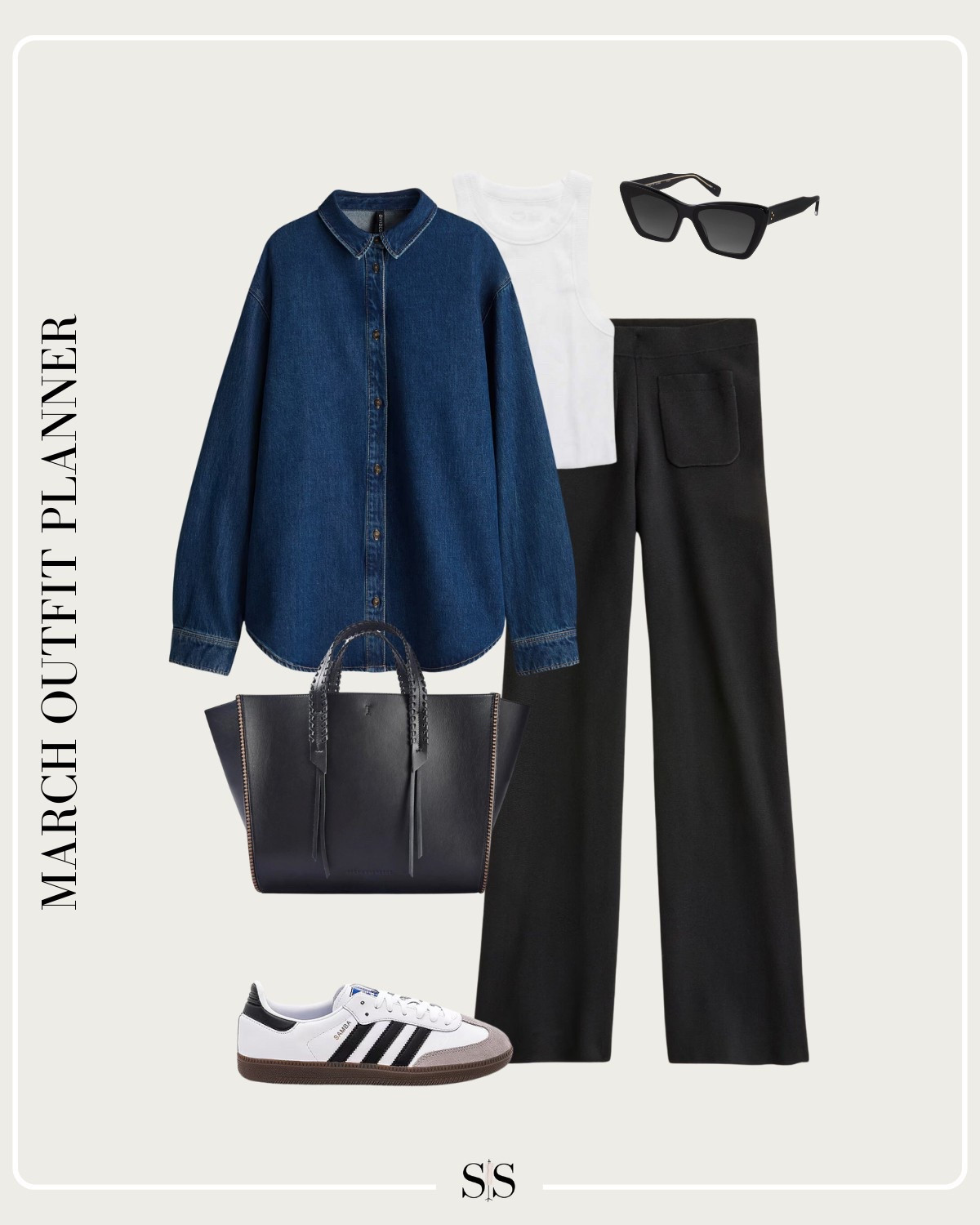 Monthly outfit planner MARCH: Winter to Spring transitional looks | denim shirt jacket, knit pull on pant, sneakers, tote, high neck tank

#springoutfit #casualstyle 

#LTKStyleTip