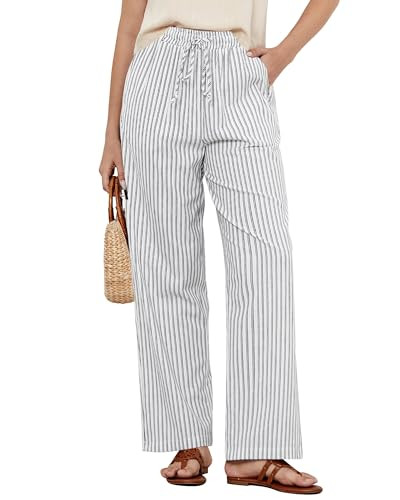 GRAPENT Resort Wear for Women Plus Size White Linen Pants Womens Wide Leg Pants Elastic Waist Flowy for Women Linen Womens White Black Stripe Size X-Large US 16 to 18 | Amazon (US)