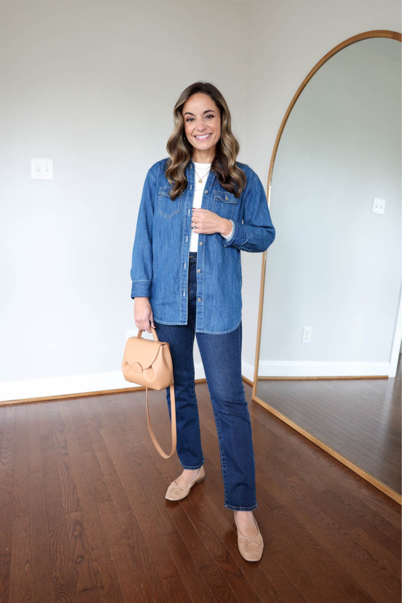 2024 fall casual capsule series: dark wash jeans!

Denim shirt (j.crew): petite xxs 
White t-shirt (gap): xxs 
Dark wash jeans (quince): 24, 26” inseam 
Tan bag is from Polene, the un nano in textured tan 

My measurements for reference: 4’10” 105lbs bust, waist, hips 32”, 24”, 35” size 5 shoe. 25” inseam measurement to my ankle bone.
