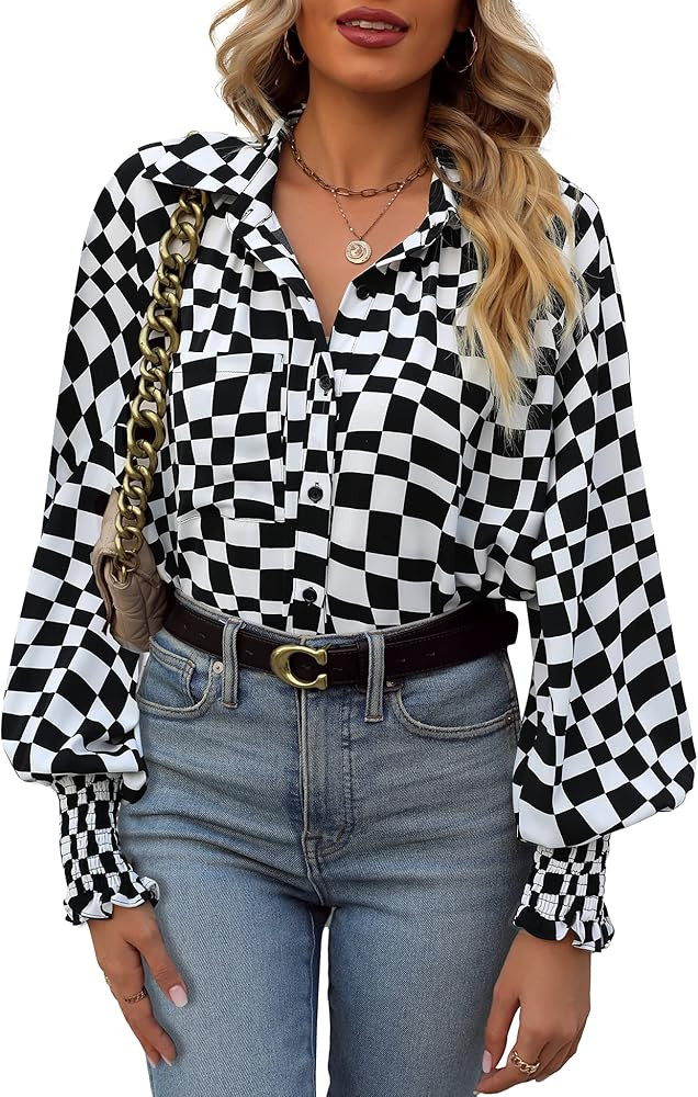 Prettywear Womens Button Down Shirt Lantern Long Sleeves Shirt Oversized Casual Blouses Tops Abst... | Amazon (US)