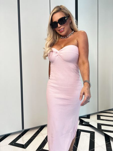 Pink Knit Strapless Twist Front Midi Dress-love this with or without a white poplin overshirt! Wearing a S

#LTKfindsunder50 #LTKover40 #LTKfindsunder100