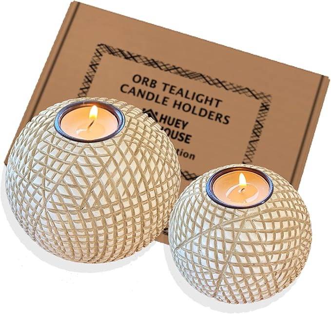 Luca Orb Tea Light Candle Holders (Gift Boxed Set of 2) Grid Pattern, Beige and White | Amazon (US)