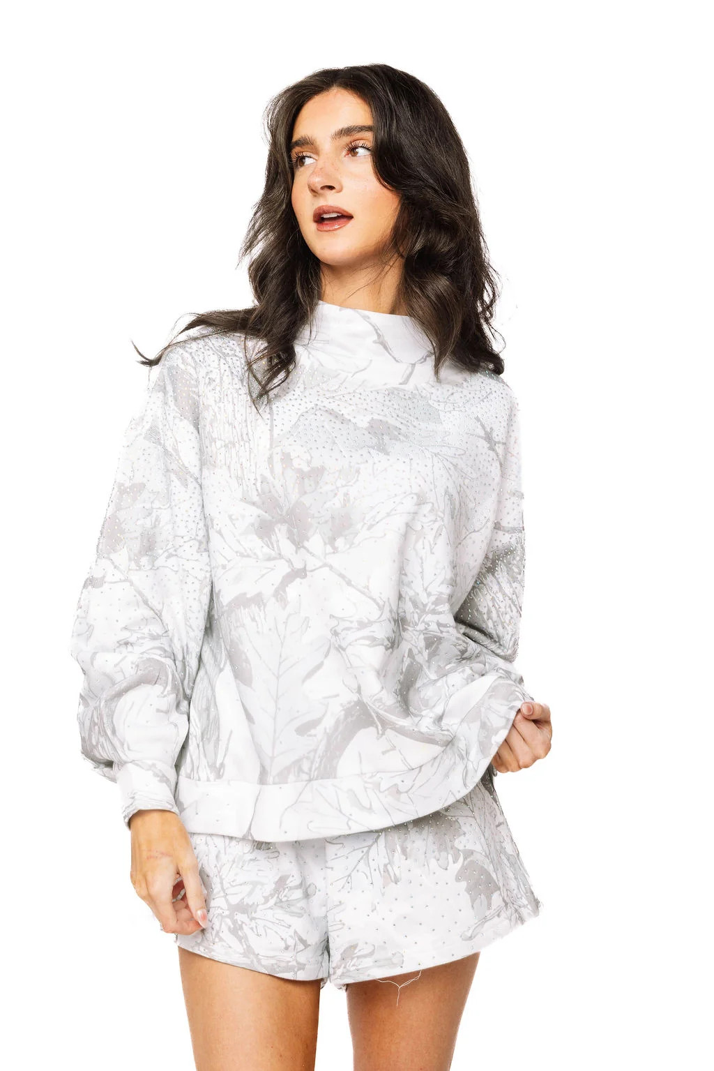 Grey Rhinestone Forest Camo Mockneck Sweatshirt | Queen of Sparkles