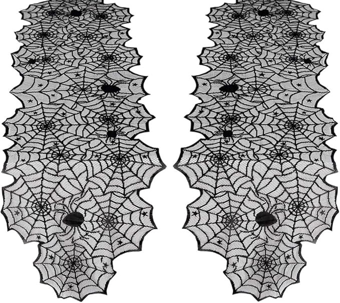 Halloween Table Runner 2 Pieces 18x72 Inches Spider Web Table Runner Black Lace Runners for Hallo... | Amazon (US)