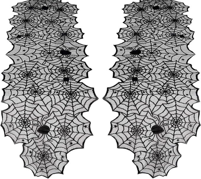 Halloween Table Runner 2 Pieces 18x72 Inches Spider Web Table Runner Black Lace Runners for Hallo... | Amazon (US)