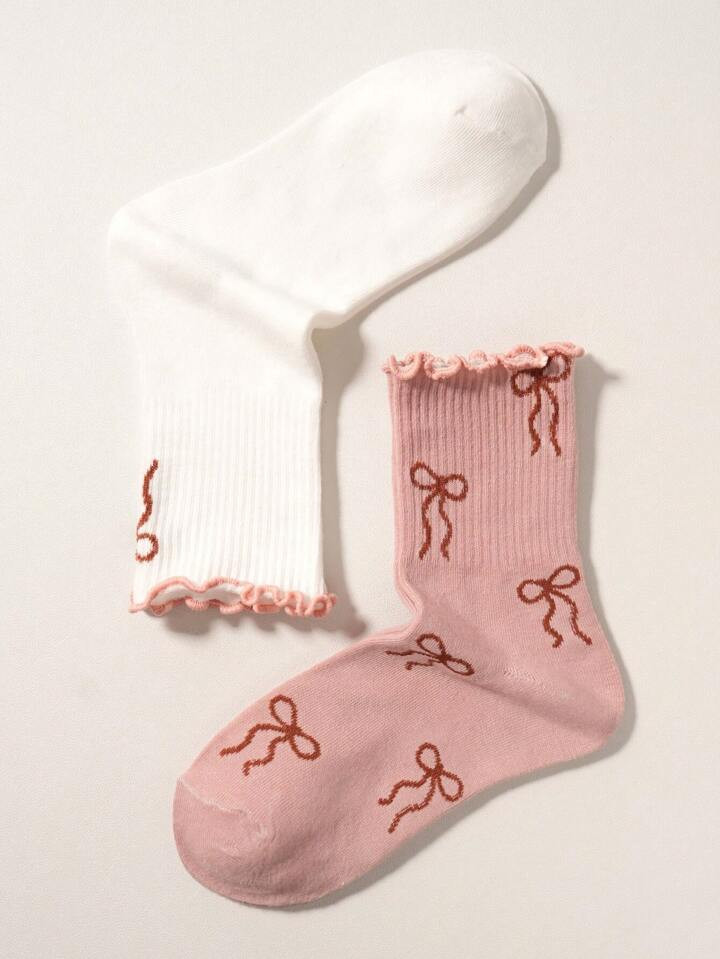 Skyy Designs Co Artist 2pairs Girlcore Bow Embroidered Lettuce Trim Mid-Calf Socks For Women, Fal... | SHEIN