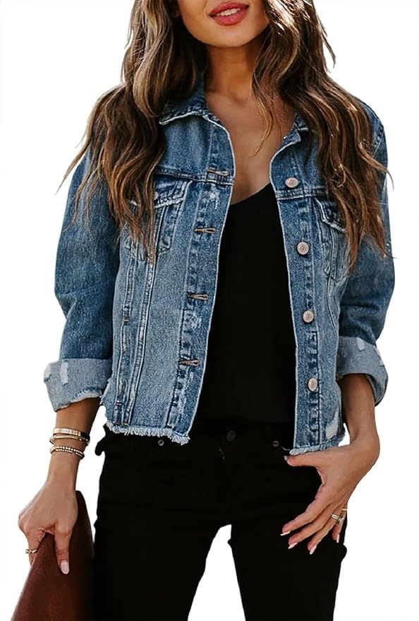 ZOLUCKY Womens Denim Jacket Distressed Frayed Ripped Jean Jacket Casual Button Down Light Jackets | Amazon (US)