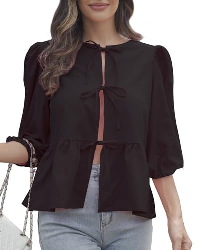 Women's Tie Front Tops Y2K Babydoll Coquette Blouse Puff Sleeve 3/4 Length Tops Ruffle Peplum Cute Going Out Blouse Tops Black L | Amazon (US)